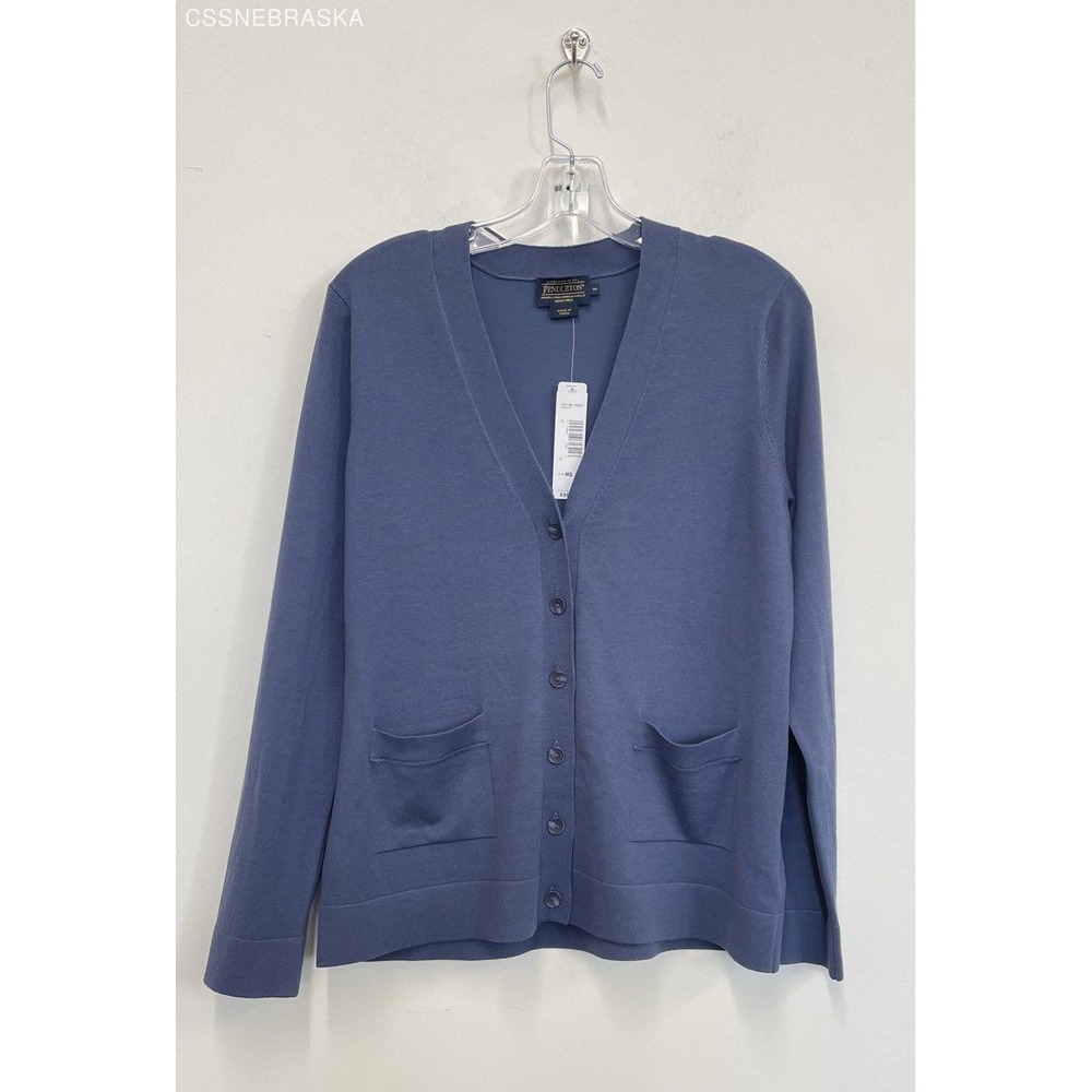 Pendleton Blue Cardigan Sweater Silk Blend‎ Trim - Size M